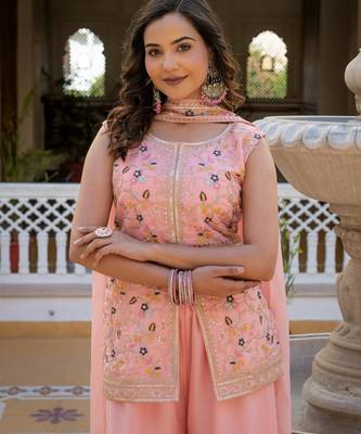 Peach georgette embroidered palazzo set with dupatta 2