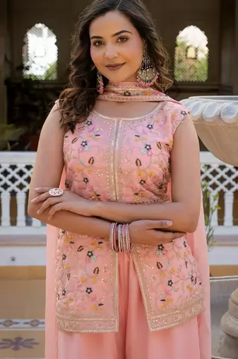 Peach georgette embroidered palazzo set with dupatta