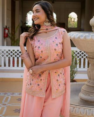 Peach georgette embroidered palazzo set with dupatta 3