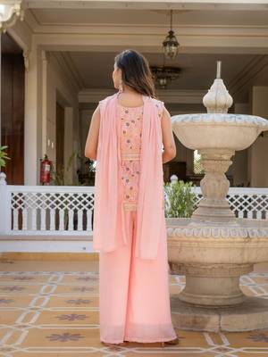 Peach georgette embroidered palazzo set with dupatta 4