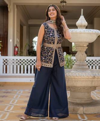 Navy blue georgette embroidered palazzo set with dupatta 1
