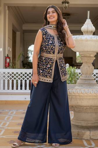 Navy blue georgette embroidered palazzo set with dupatta