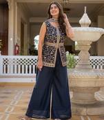 Navy blue georgette embroidered palazzo set with dupatta