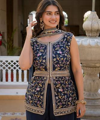Navy blue georgette embroidered palazzo set with dupatta 2