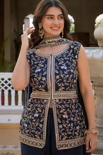 Navy blue georgette embroidered palazzo set with dupatta