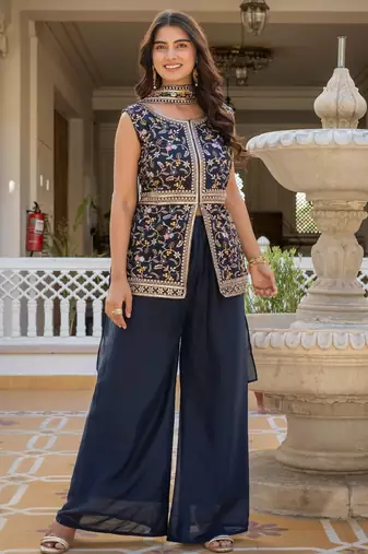 Navy blue georgette embroidered palazzo set with dupatta