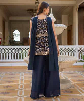 Navy blue georgette embroidered palazzo set with dupatta 4