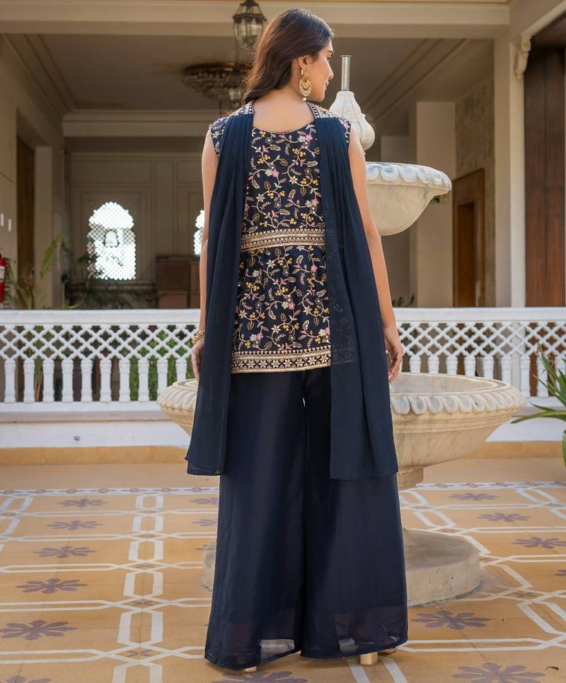 Navy blue georgette embroidered palazzo set with dupatta