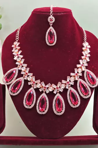 Pink designer premium festive wear necklace set