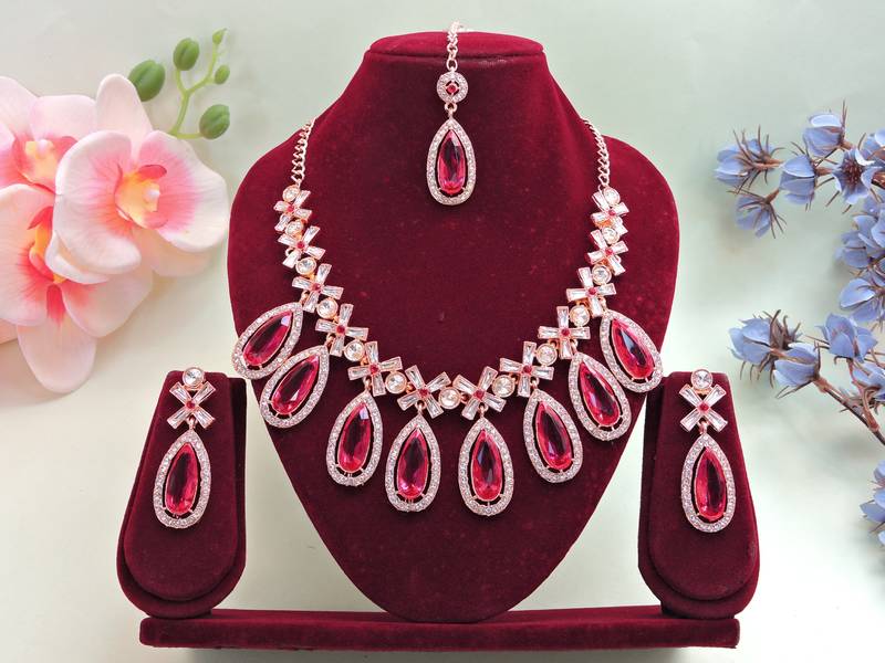 Pink designer premium festive wear necklace set