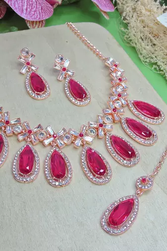 Pink designer premium festive wear necklace set