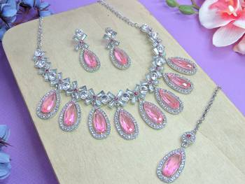 Pink designer premium festive wear necklace set 2