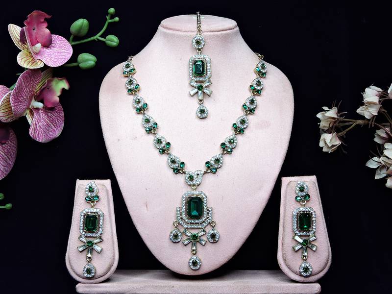 Green designer premium festive wear necklace set