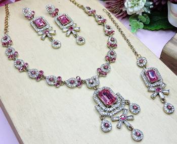 Pink designer premium festive wear necklace set 2
