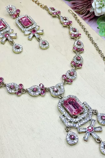 Pink designer premium festive wear necklace set
