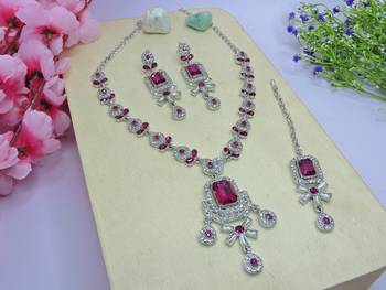 Pink designer premium festive wear necklace set 2