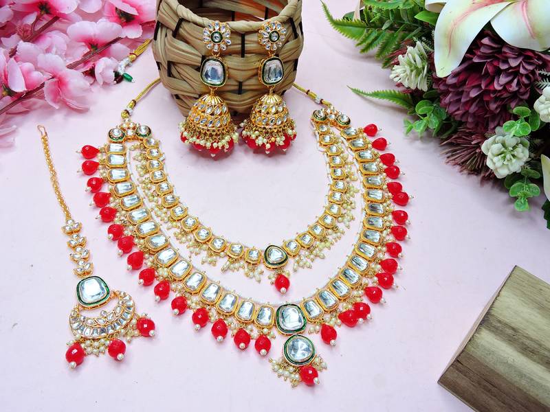 Red designer premium festive wear necklace set