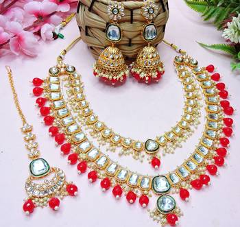 Red designer premium festive wear necklace set 3