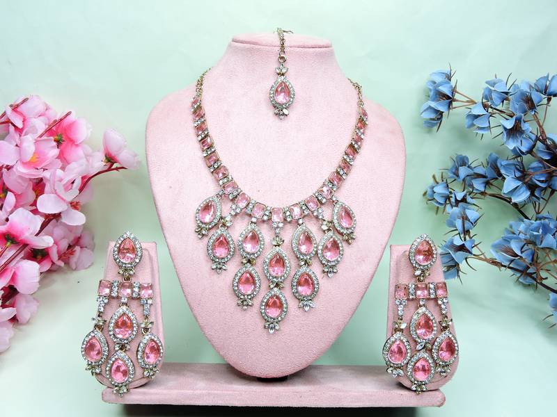 Pink designer premium festive wear necklace set
