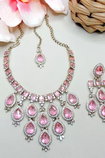 Pink designer premium festive wear necklace set