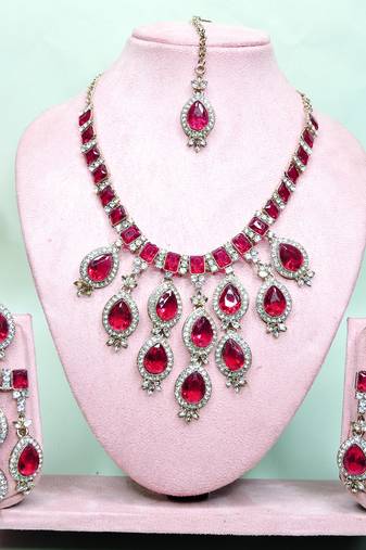 Pink designer premium festive wear necklace set