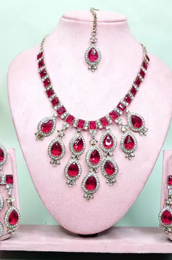 Pink designer premium festive wear necklace set
