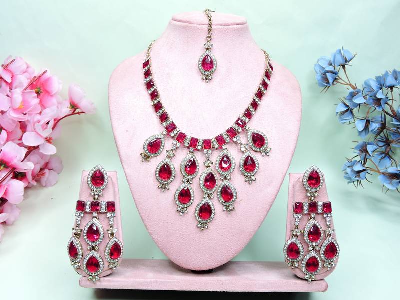 Pink designer premium festive wear necklace set