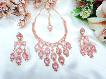 Pink designer premium festive wear necklace set 2