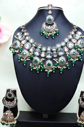 Green designer premium festive wear necklace set