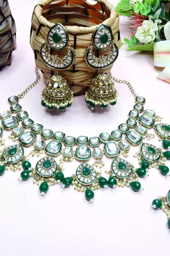 Green designer premium festive wear necklace set