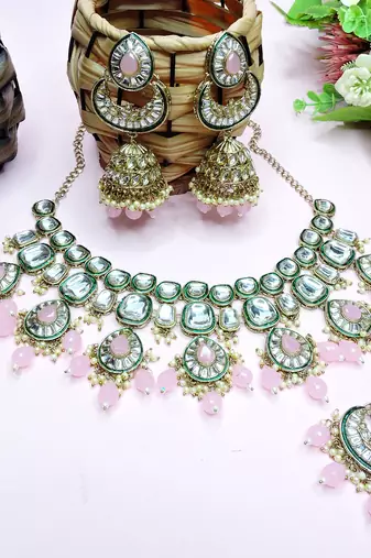 Pink designer premium festive wear necklace set