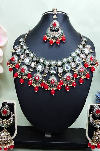 Red designer premium festive wear necklace set