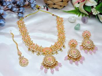 Pink designer premium festive wear necklace set 2