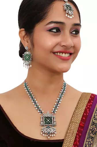 Green designer premium festive wear necklace set