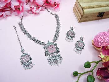 Pink designer premium festive wear necklace set 2