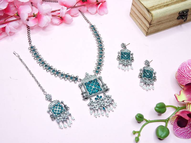 Turquoise designer premium festive wear necklace set