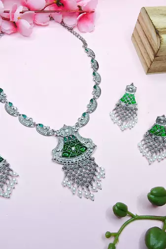 Green designer premium festive wear necklace set