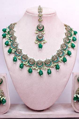 Green designer premium festive wear necklace set