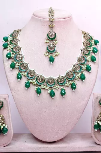 Green designer premium festive wear necklace set