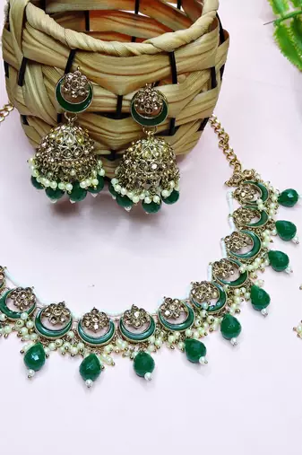 Green designer premium festive wear necklace set