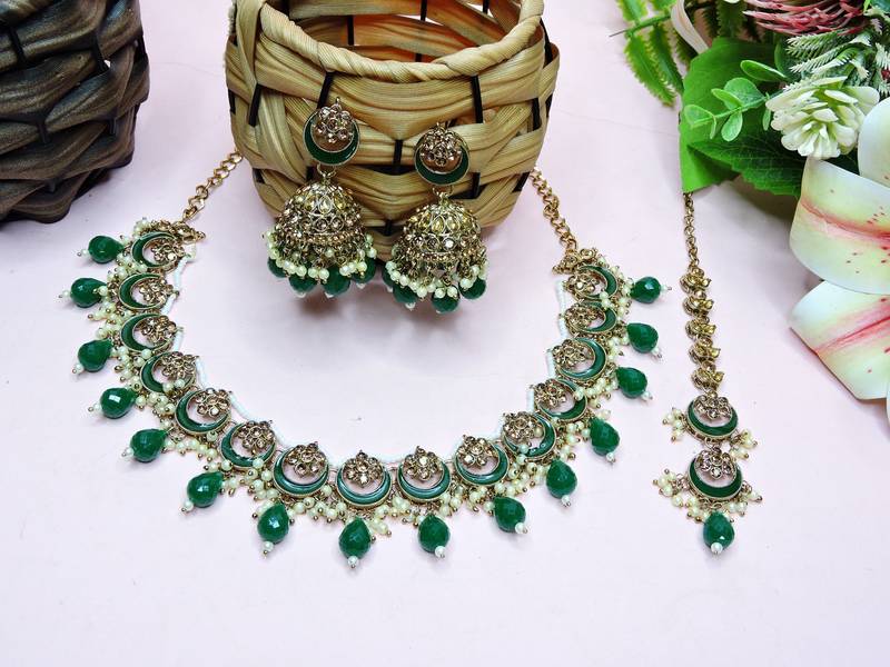 Green designer premium festive wear necklace set