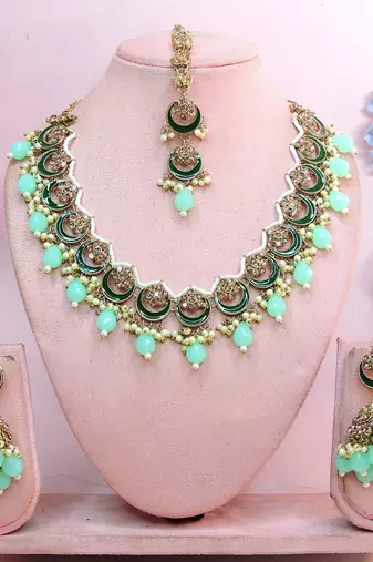 Green designer premium festive wear necklace set