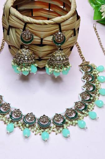 Green designer premium festive wear necklace set