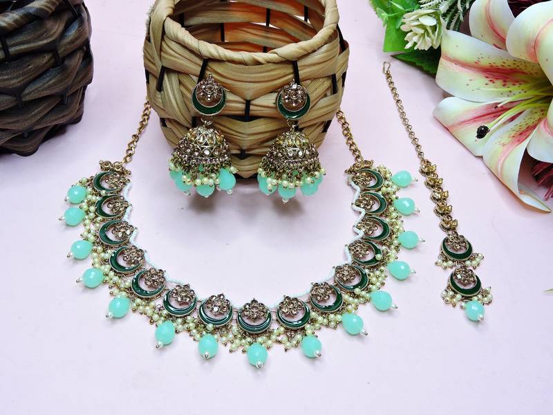 Green designer premium festive wear necklace set