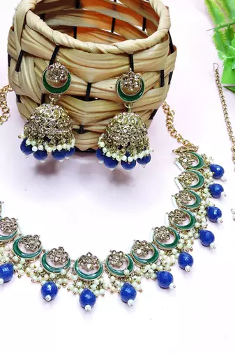 Blue designer premium festive wear necklace set