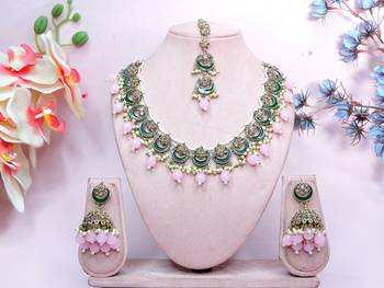 Pink designer premium festive wear necklace set 1