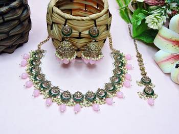 Pink designer premium festive wear necklace set 2