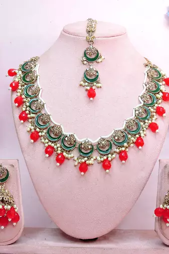 Red designer premium festive wear necklace set