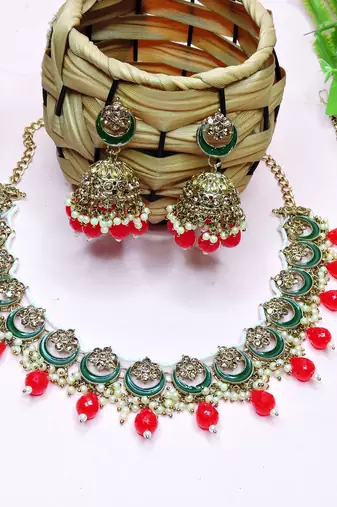 Red designer premium festive wear necklace set