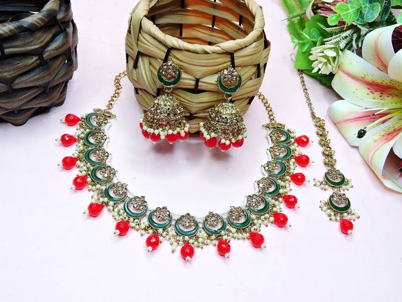 Red designer premium festive wear necklace set